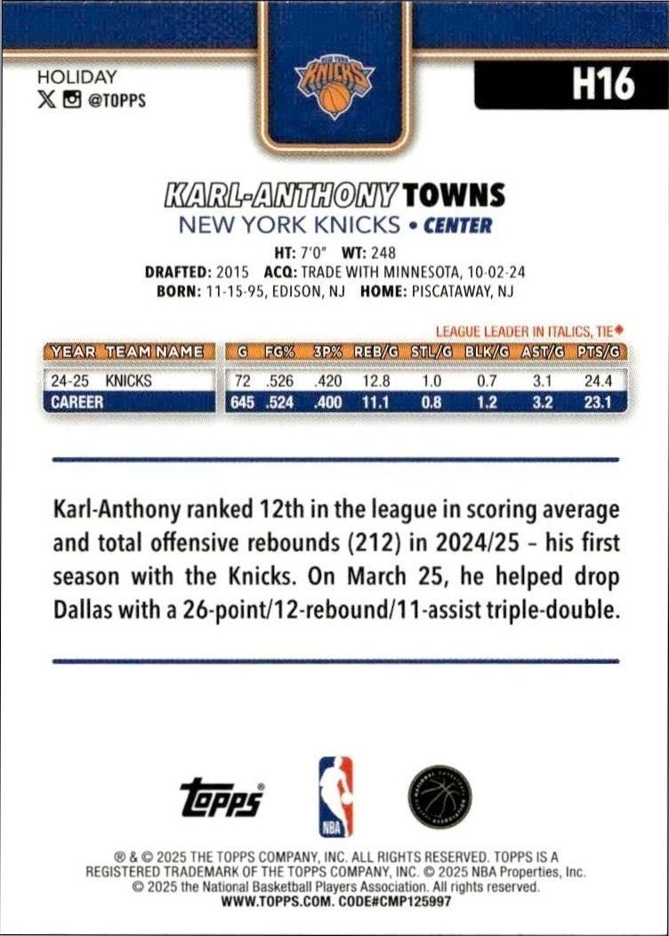 2025-26 Topps Holiday Karl-Anthony Towns #H16 basketball trading card back