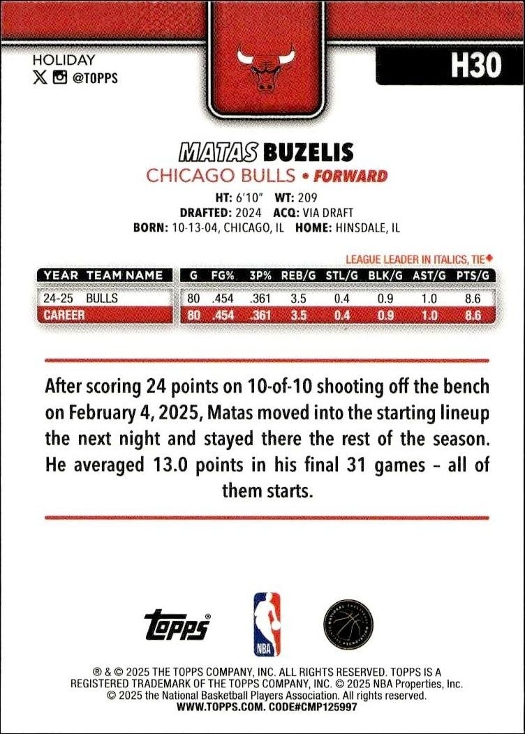 2025-26 Topps Holiday Matas Buzelis #H30 basketball trading card back