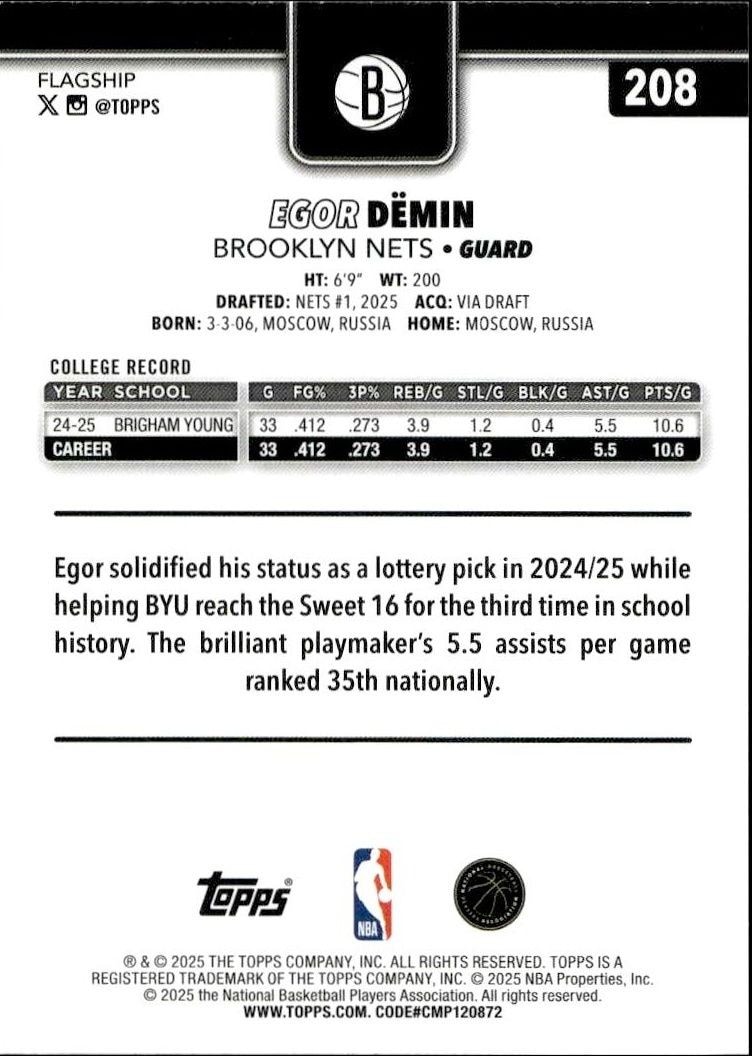2025-26 Topps Egor Dëmin #208 basketball trading card back