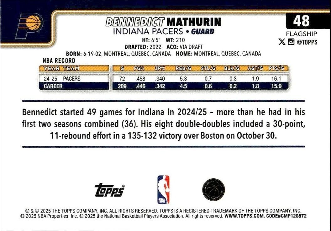 2025-26 Topps Bennedict Mathurin #48 basketball trading card back