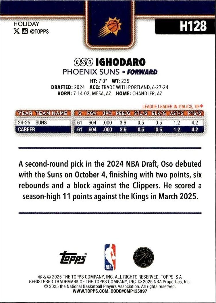 2025-26 Topps Holiday Oso Ighodaro #H128 basketball trading card back