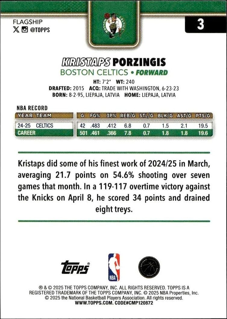 2025-26 Topps Kristaps Porzingis #3 basketball trading card back
