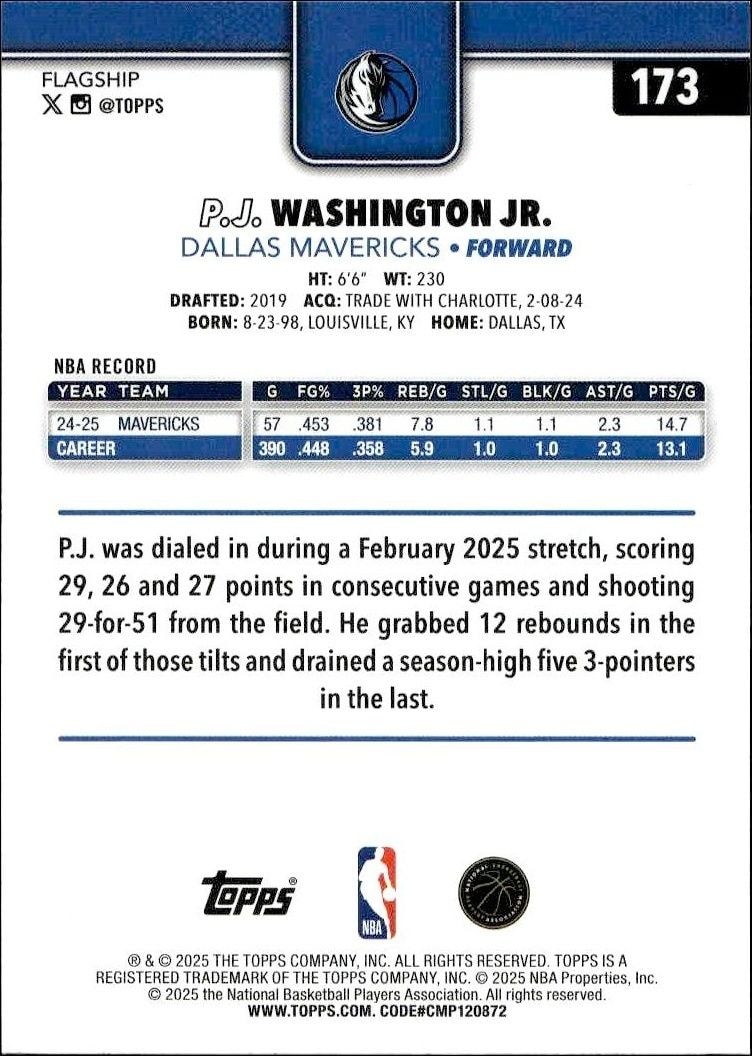2025-26 Topps P.J. Washington Jr. #173 basketball trading card back
