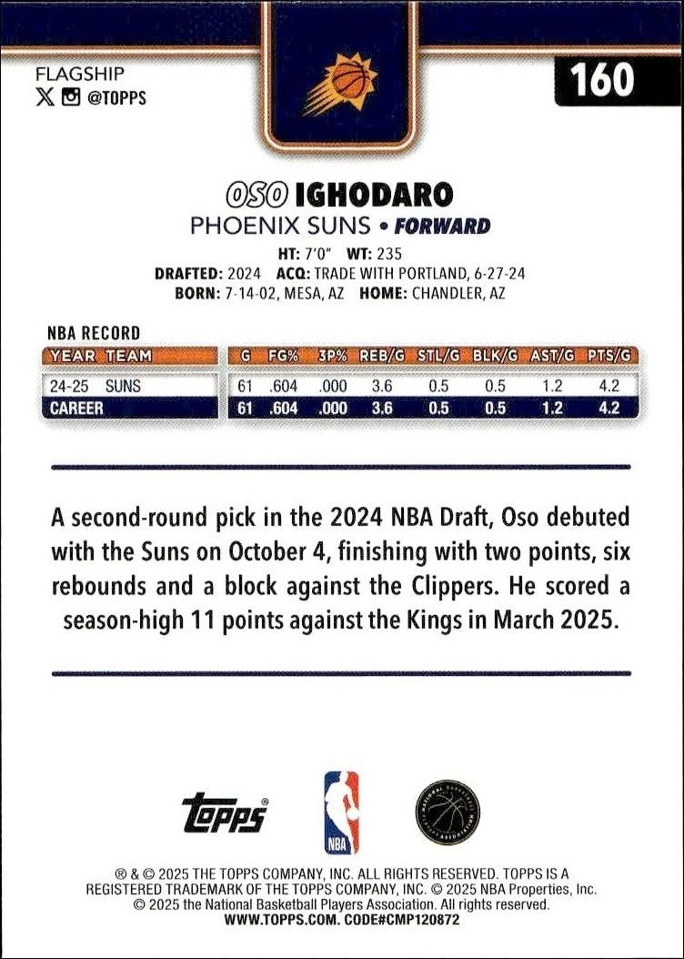 2025-26 Topps Oso Ighodaro #160 basketball trading card back