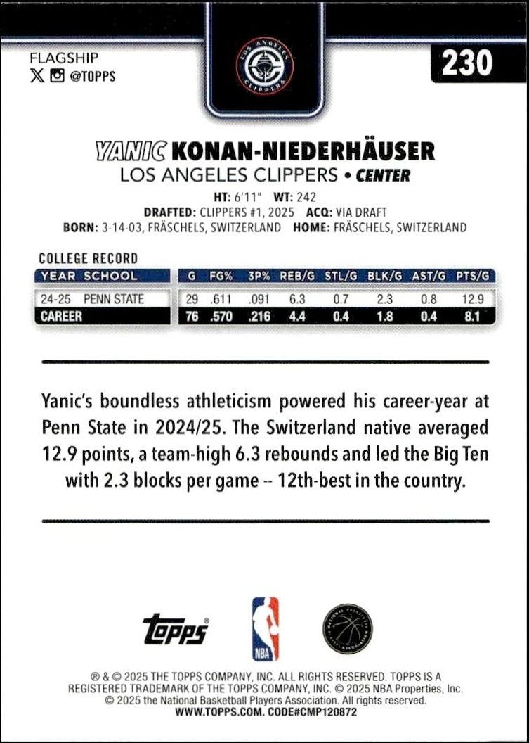 2025-26 Topps Yanic Konan-Niederhäuser #230 basketball trading card back