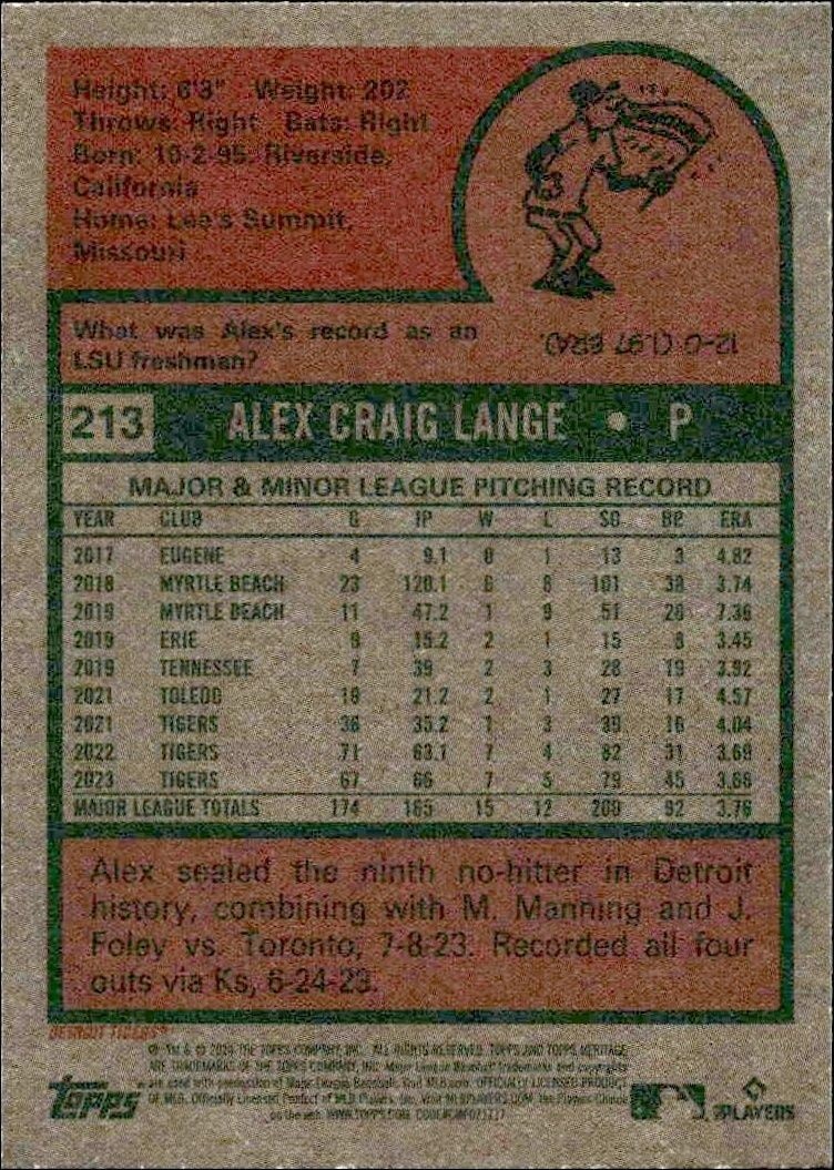 2024 Topps Heritage Alex Lange #213 baseball trading card back