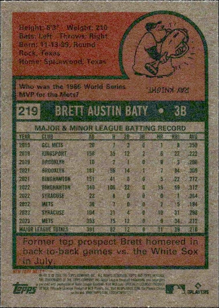 2024 Topps Heritage Brett Baty #219 baseball trading card back