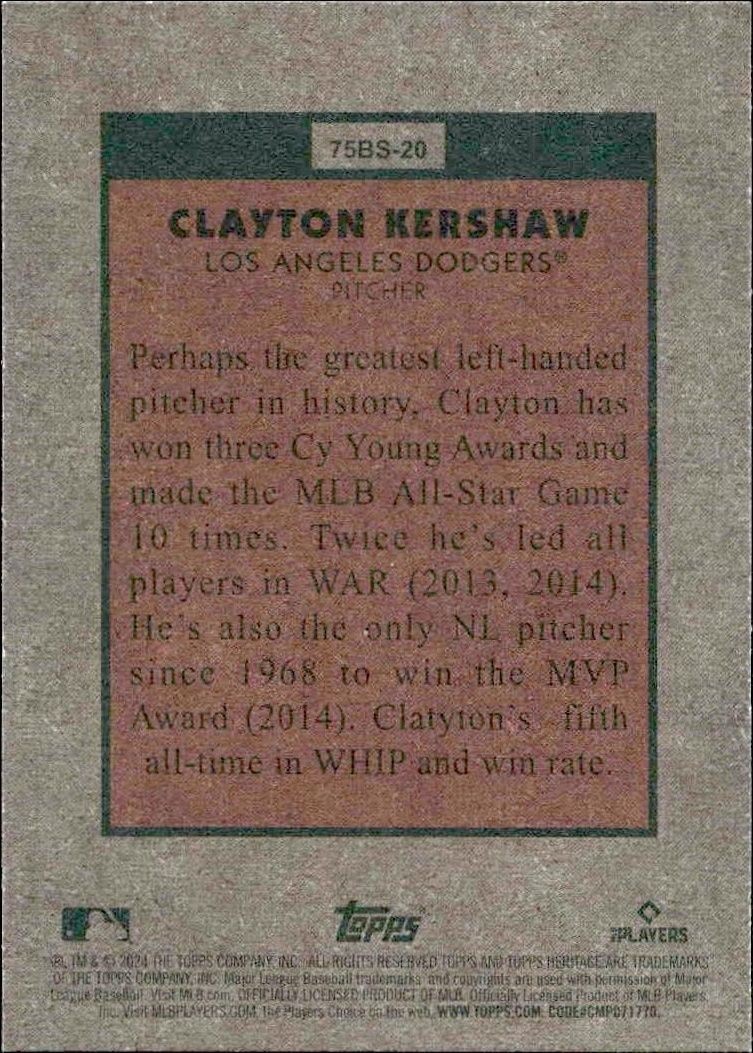 2024 Topps Heritage Clayton Kershaw #75BS-20 baseball trading card back