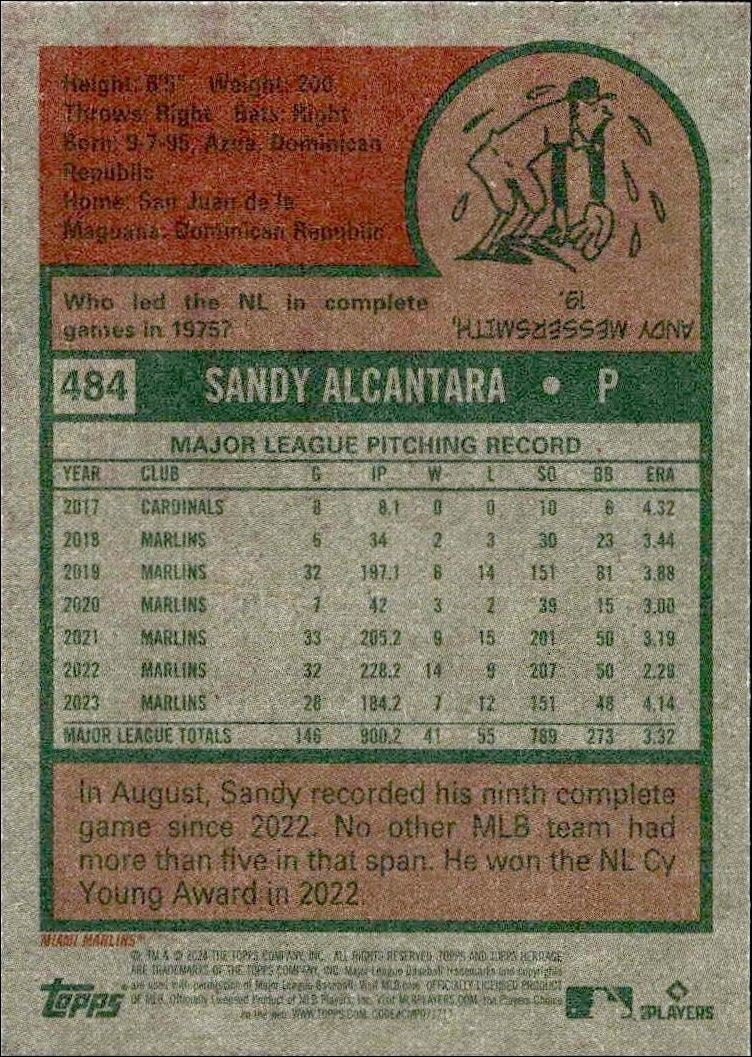 2024 Topps Heritage Sandy Alcantara #484 baseball trading card back