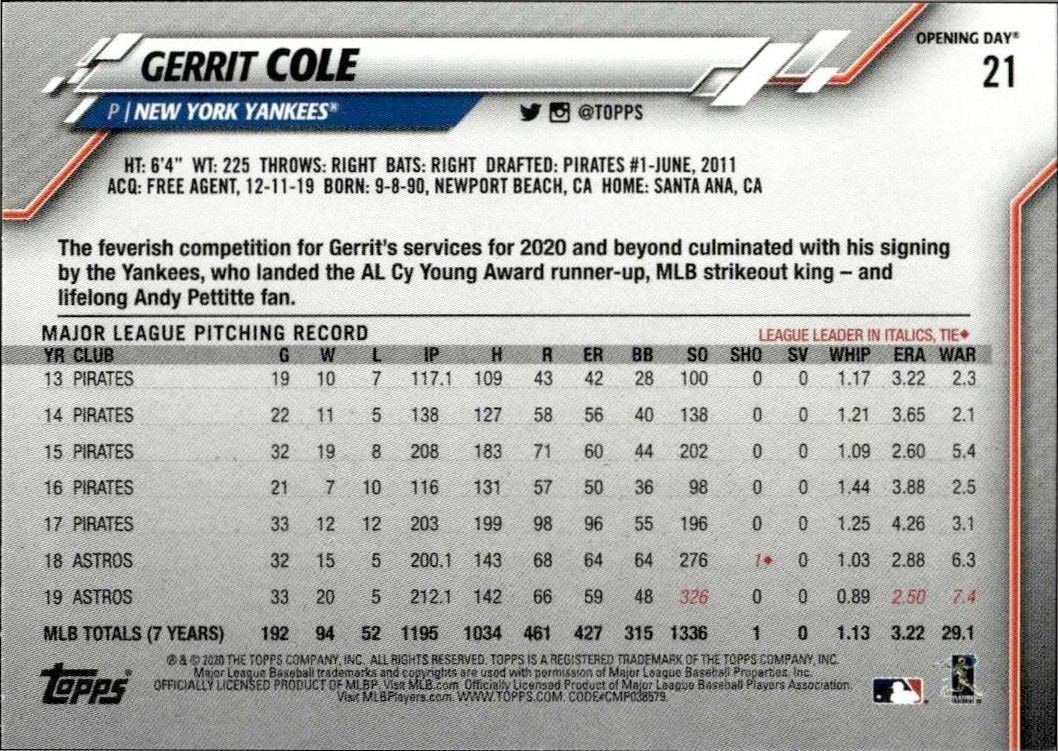 2020 Topps Opening Day Gerrit Cole #21 baseball trading card back