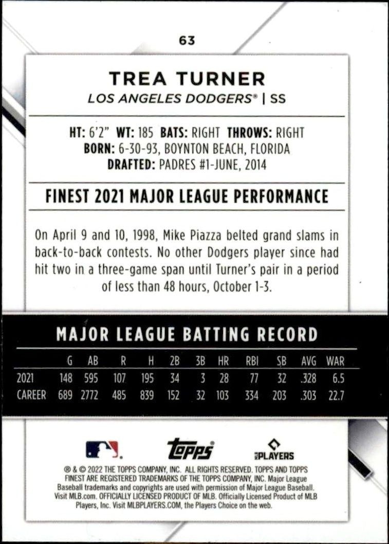 2022 Topps Finest Trea Turner #63 baseball trading card back