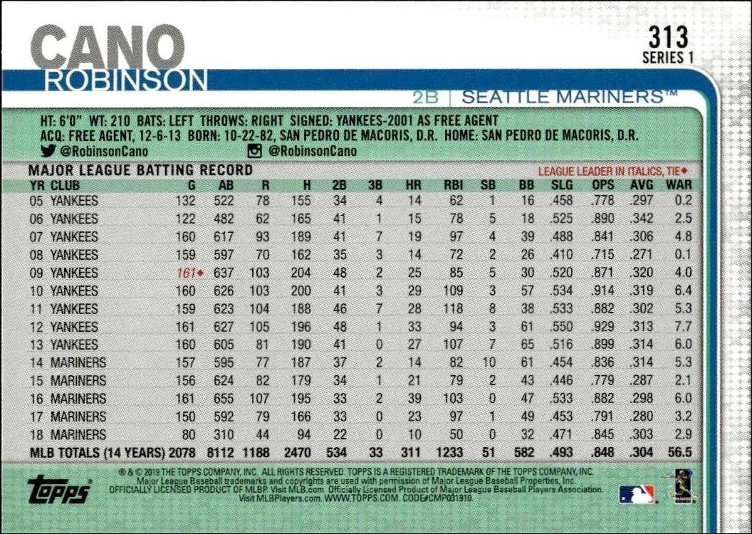 2019 Topps Robinson Cano #313 baseball trading card back