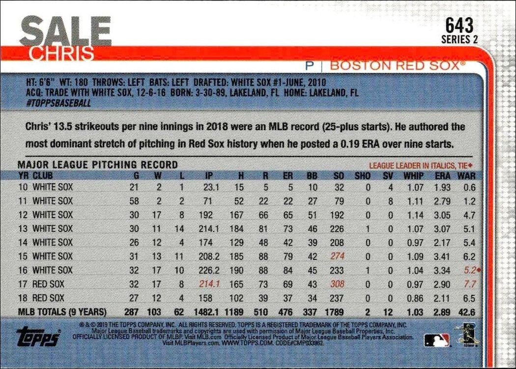 2019 Topps Series 2 Chris Sale #643 baseball trading card back