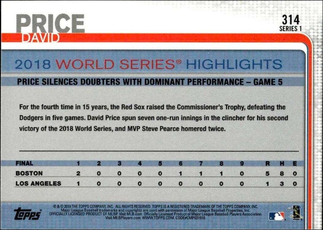 2019 Topps David Price #314 baseball trading card back