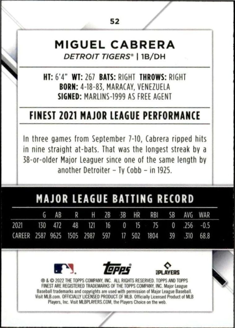 2022 Topps Finest Miguel Cabrera #52 baseball trading card back