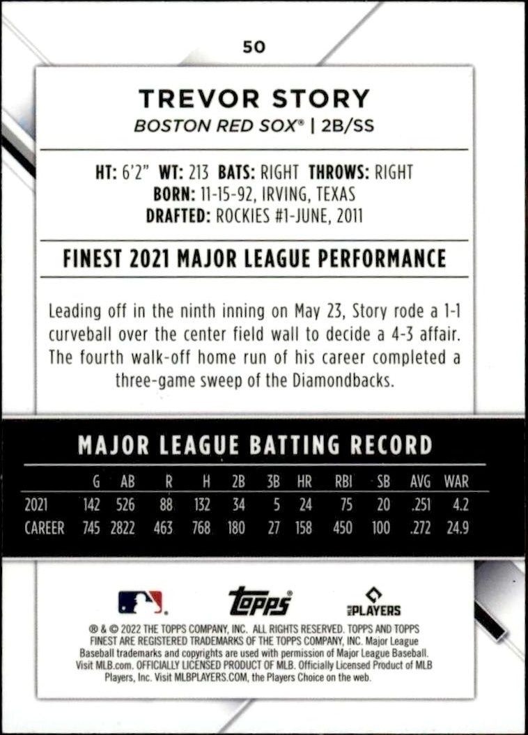 2022 Topps Finest Trevor Story #50 baseball trading card back