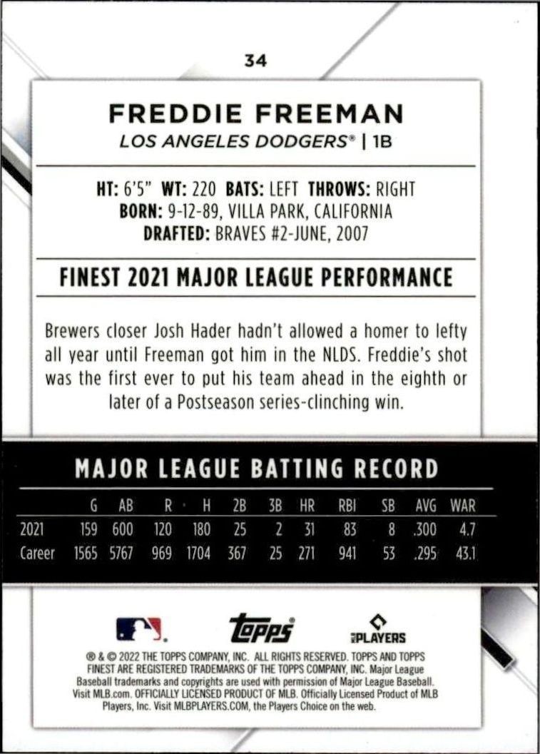 2022 Topps Finest Freddie Freeman #34 baseball trading card back