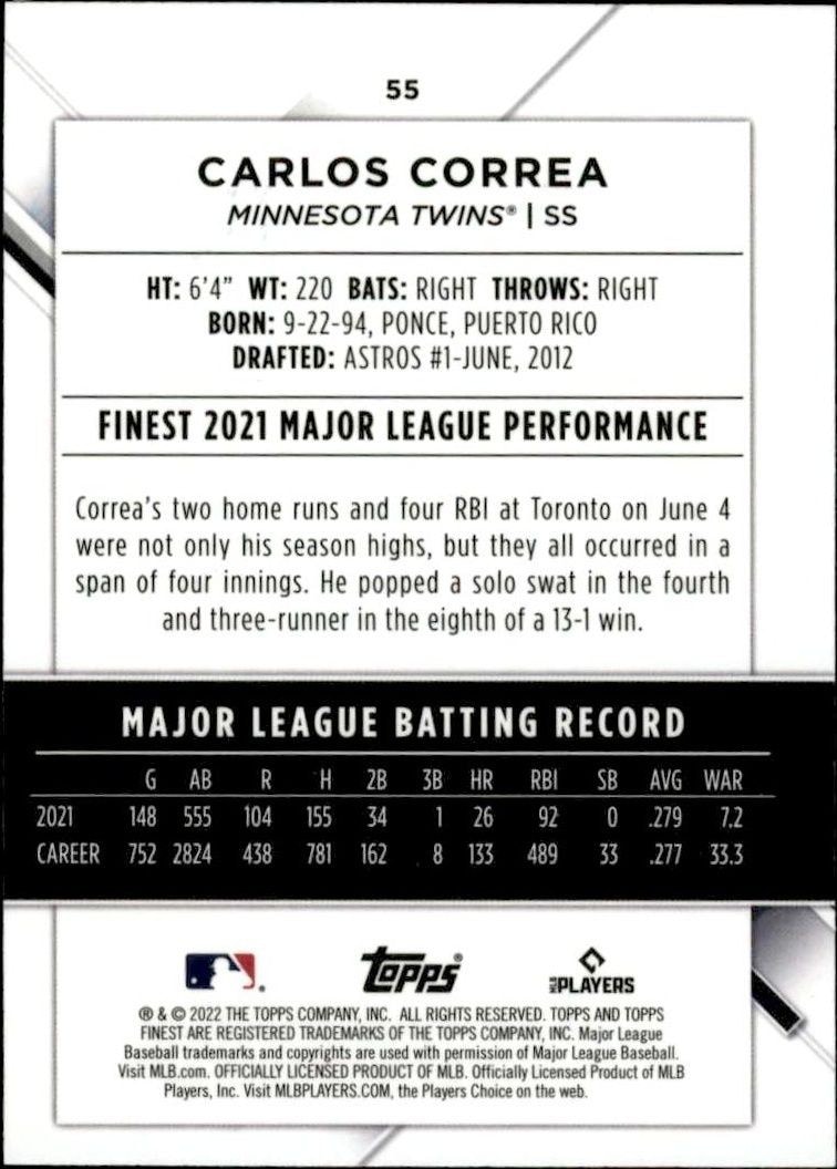 2022 Topps Finest Carlos Correa #55 baseball trading card back