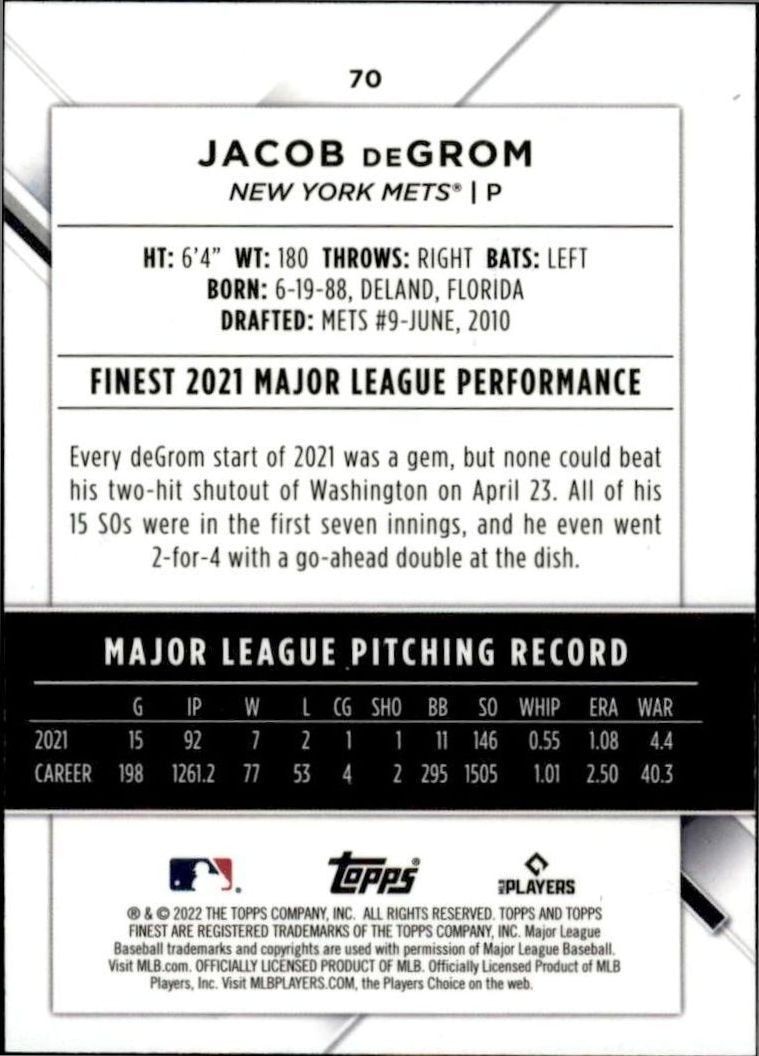 2022 Topps Finest Jacob DeGrom #70 baseball trading card back