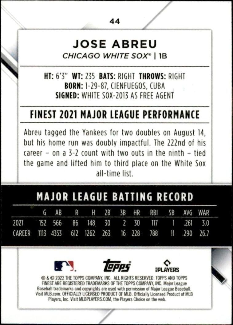 2022 Topps Finest Jose Abreu #44 baseball trading card back