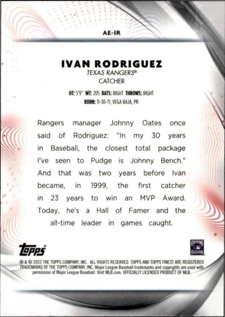 2022 Topps Finest Ivan Rodriguez #AE-IR baseball trading card back
