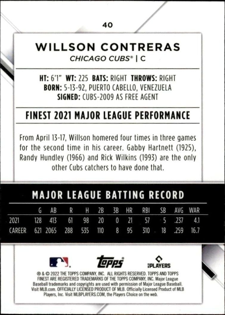2022 Topps Finest Willson Contreras #40 baseball trading card back
