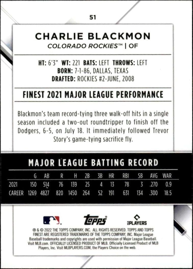2022 Topps Finest Charlie Blackmon #51 baseball trading card back