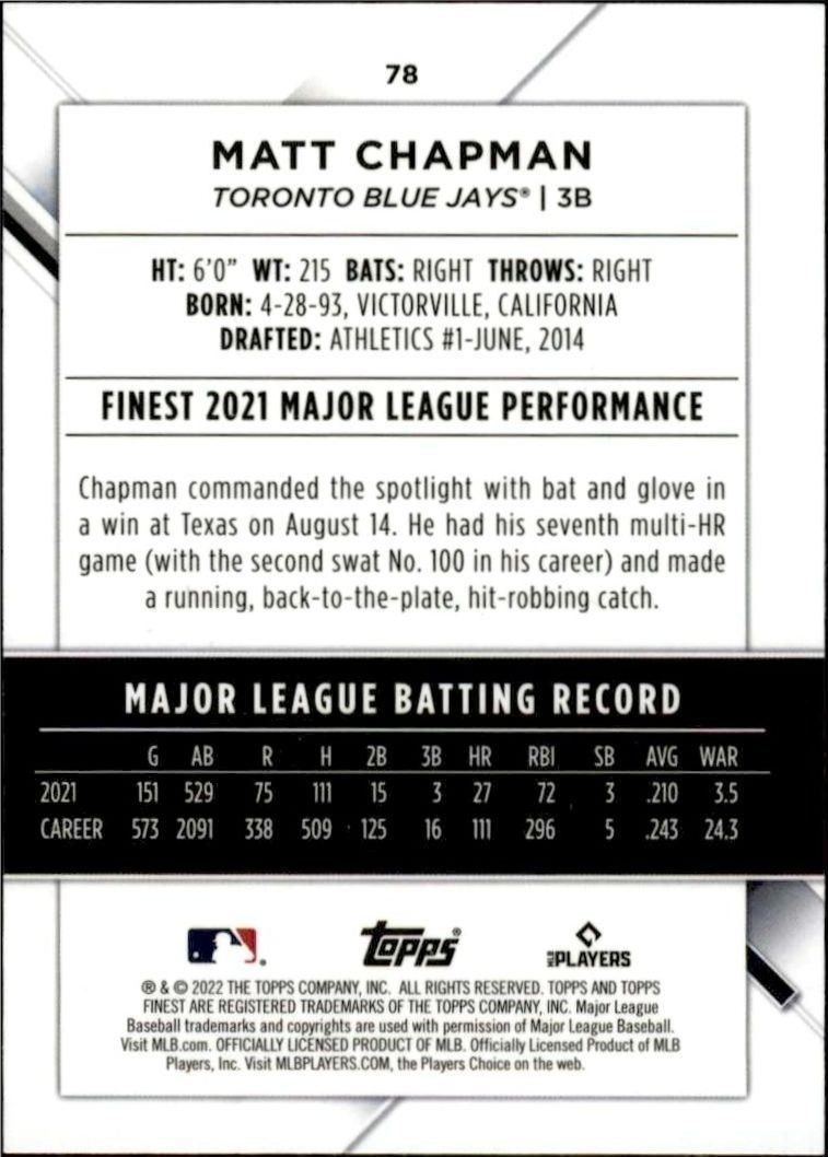 2022 Topps Finest Matt Chapman #78 baseball trading card back
