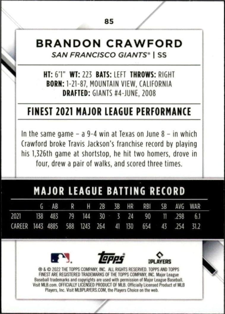 2022 Topps Finest Brandon Crawford #85 baseball trading card back