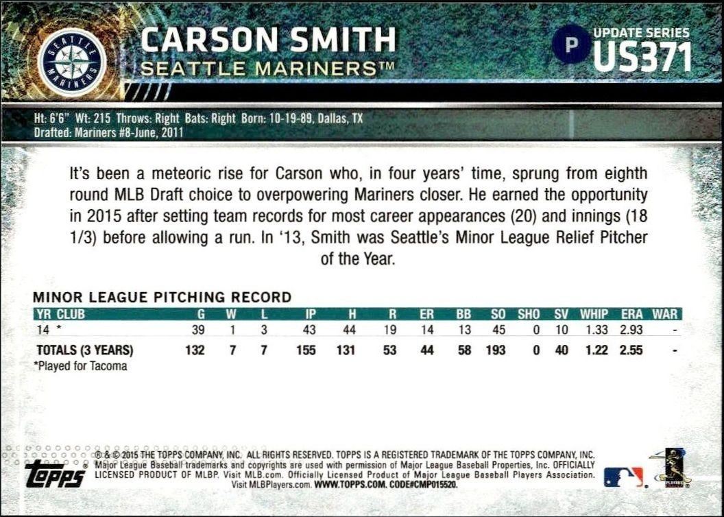 2015 Topps Update Series Carson Smith #US371 baseball trading card back