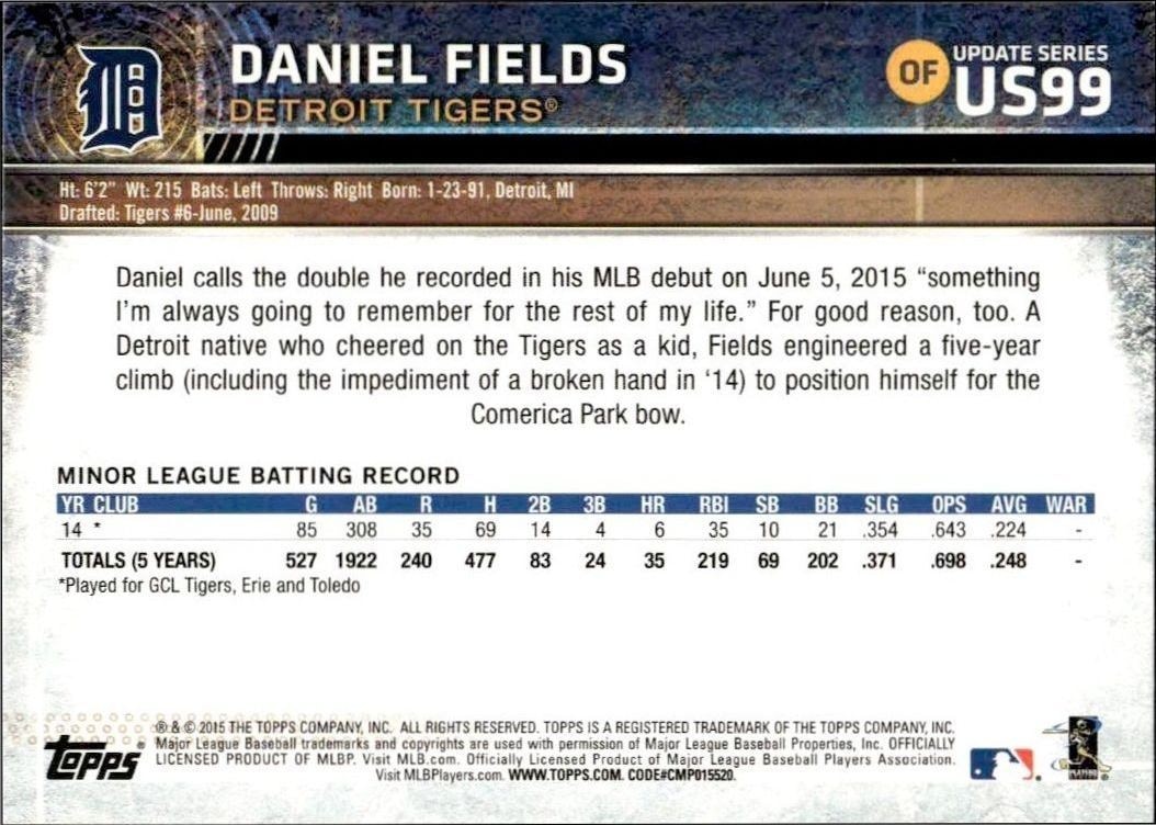 2015 Topps Update Series Daniel Fields #US99 baseball trading card back