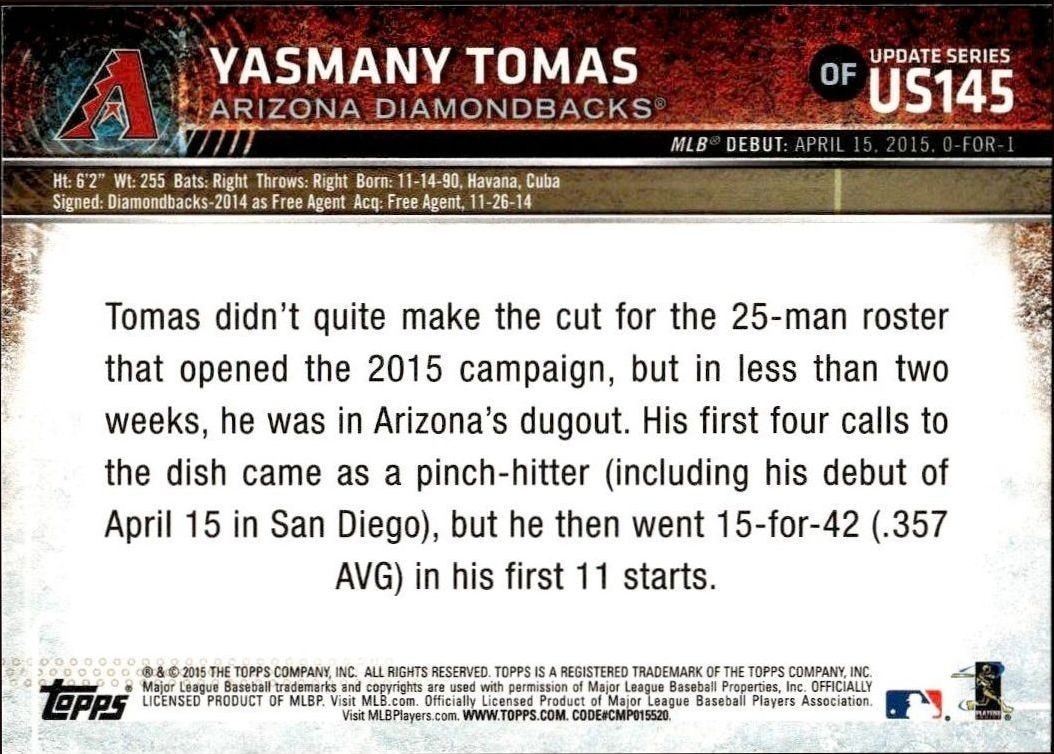 2015 Topps Update Series Yasmany Tomas #US145 baseball trading card back