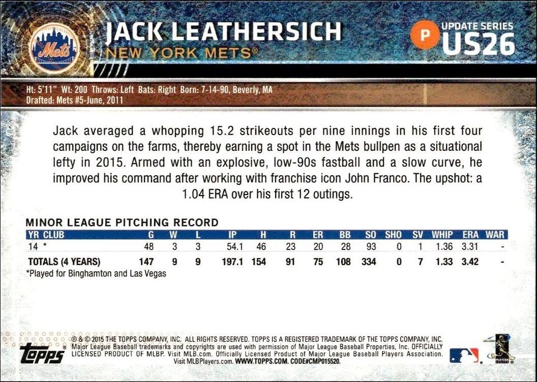 2015 Topps Update Series Jack Leathersich #US26 baseball trading card back