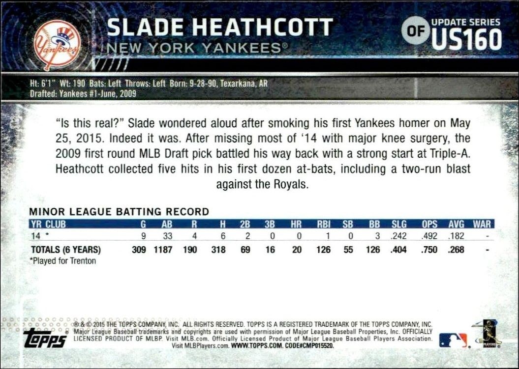 2015 Topps Update Series Slade Heathcott #US160 baseball trading card back