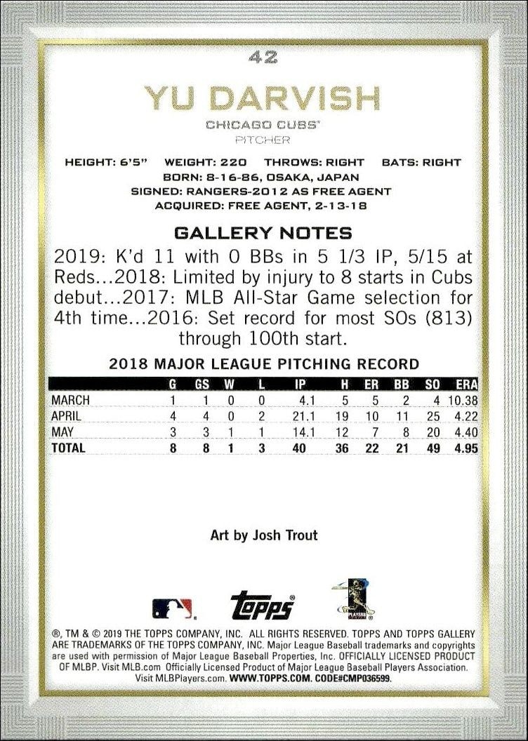 2019 Topps Gallery Yu Darvish #42 baseball trading card back