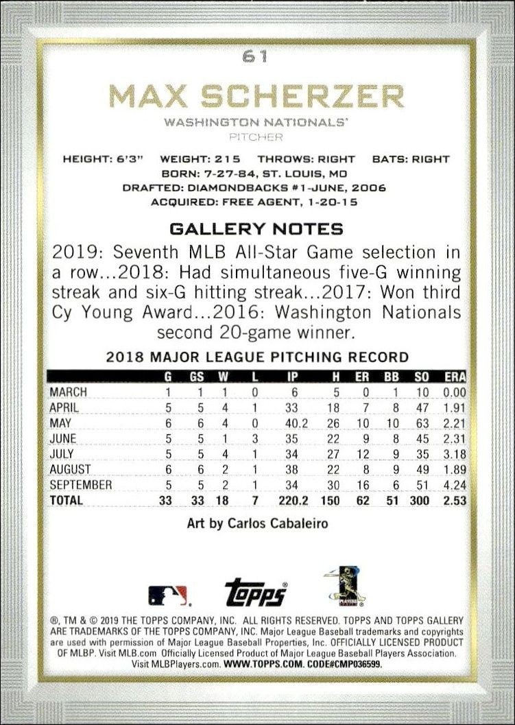 2019 Topps Gallery Max Scherzer #61 baseball trading card back