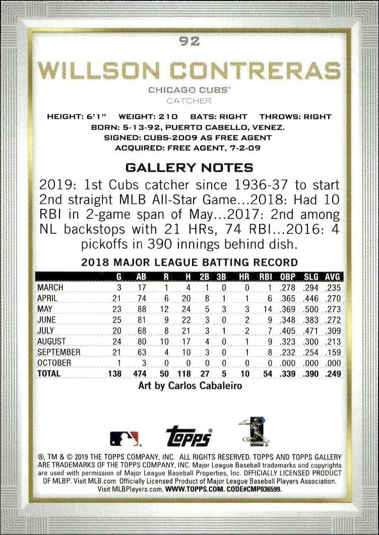 2019 Topps Gallery Willson Contreras #92 baseball trading card back