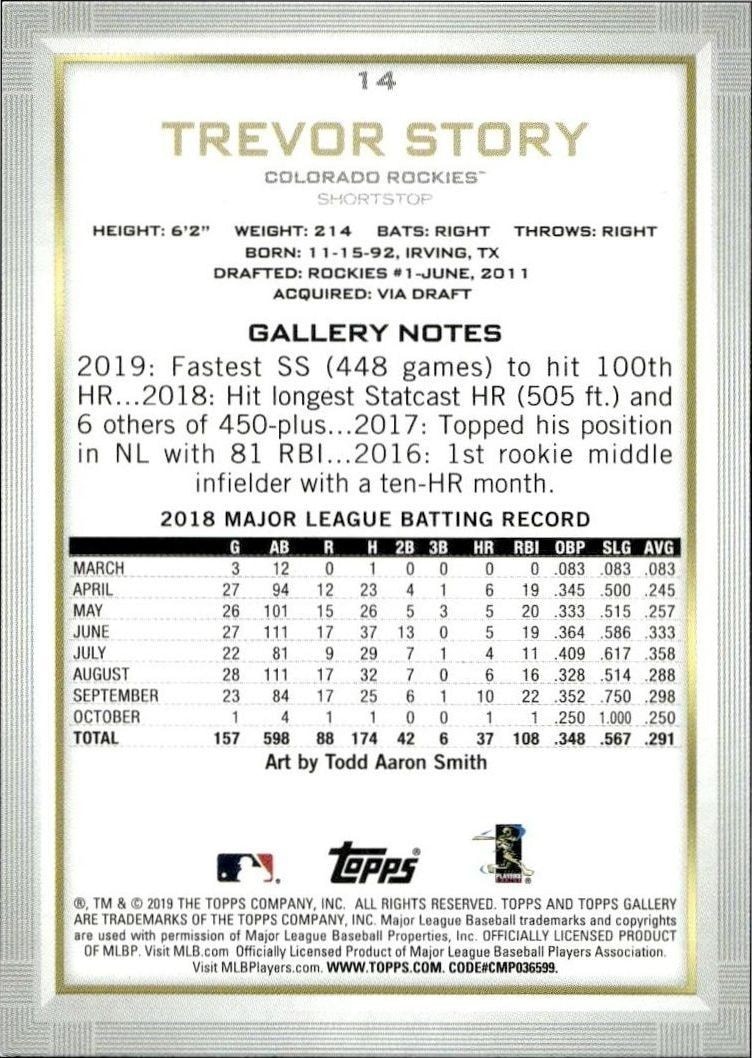 2019 Topps Gallery Trevor Story #14 baseball trading card back