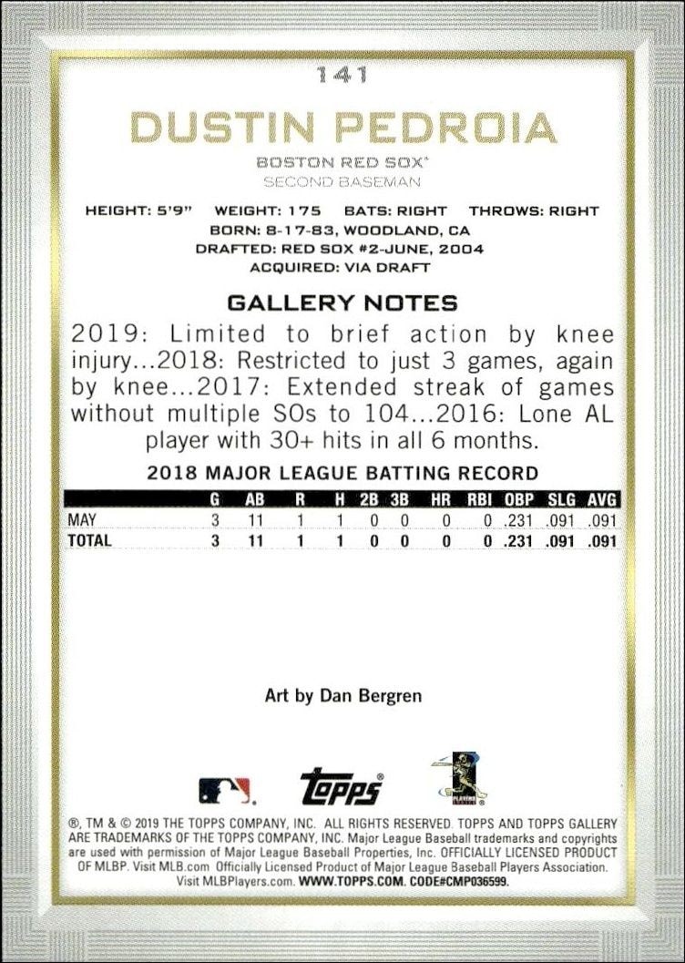 2019 Topps Gallery Dustin Pedroia #141 baseball trading card back