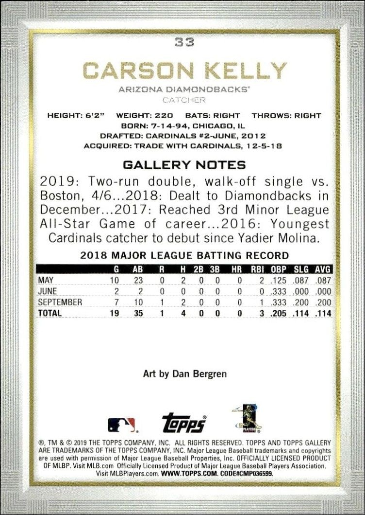 2019 Topps Gallery Carson Kelly #33 baseball trading card back