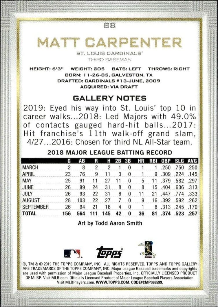 2019 Topps Gallery Matt Carpenter #88 baseball trading card back