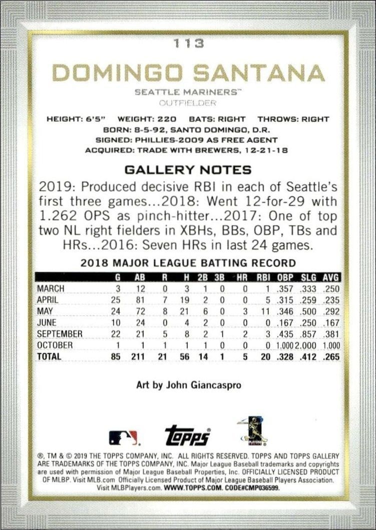2019 Topps Gallery Domingo Santana #113 baseball trading card back
