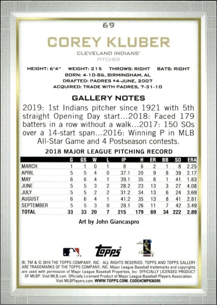 2019 Topps Gallery Corey Kluber #69 baseball trading card back