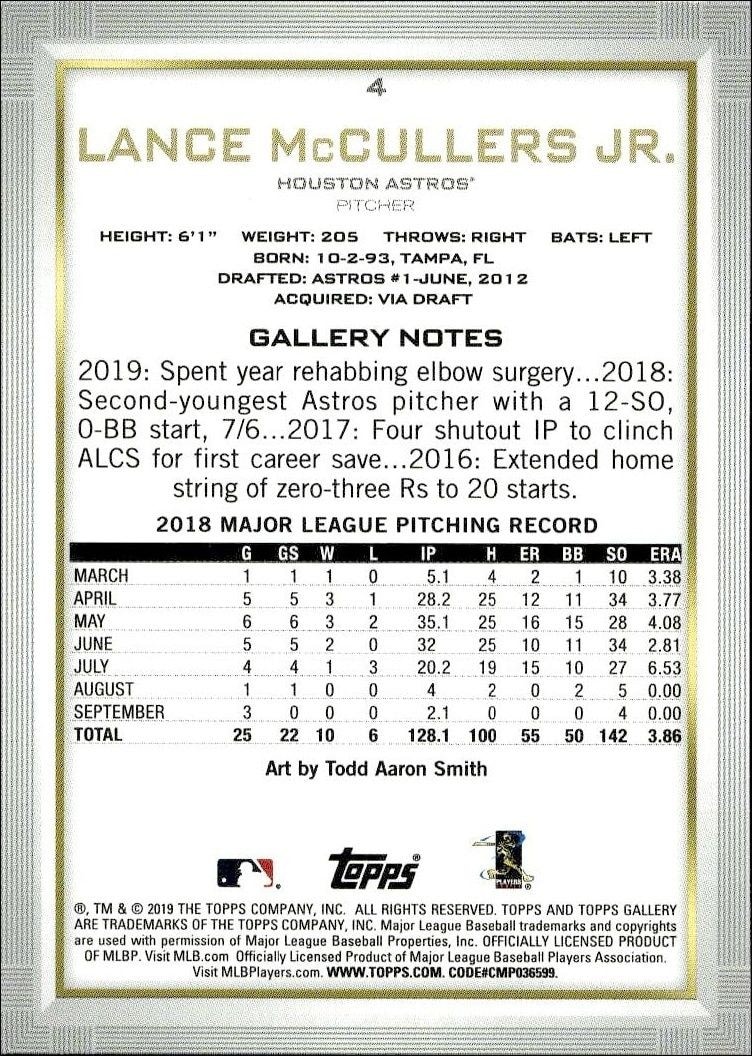 2019 Topps Gallery Lance McCullers Jr. #4 baseball trading card back