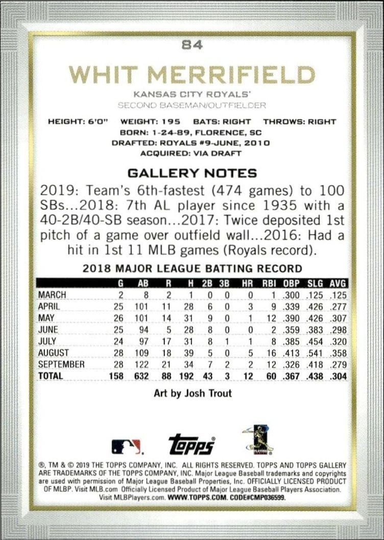 2019 Topps Gallery Whit Merrifield #84 baseball trading card back