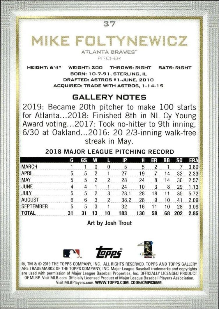 2019 Topps Gallery Mike Foltynewicz #37 baseball trading card back