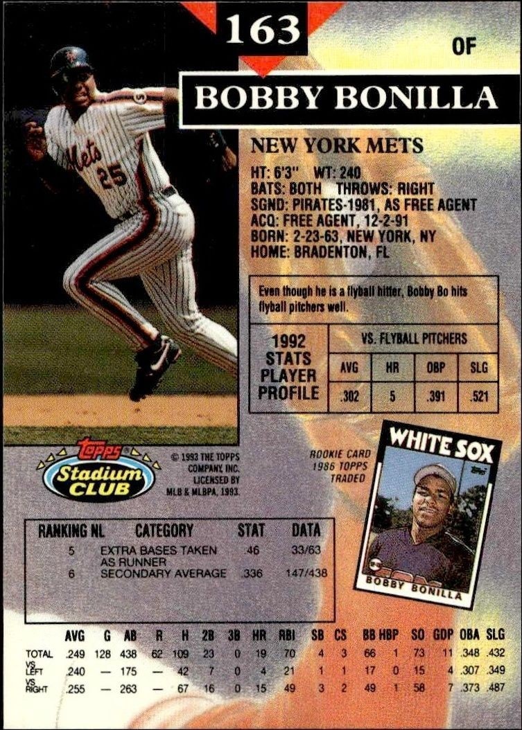 1993 Topps Stadium Club Bobby Bonilla #163 baseball trading card back