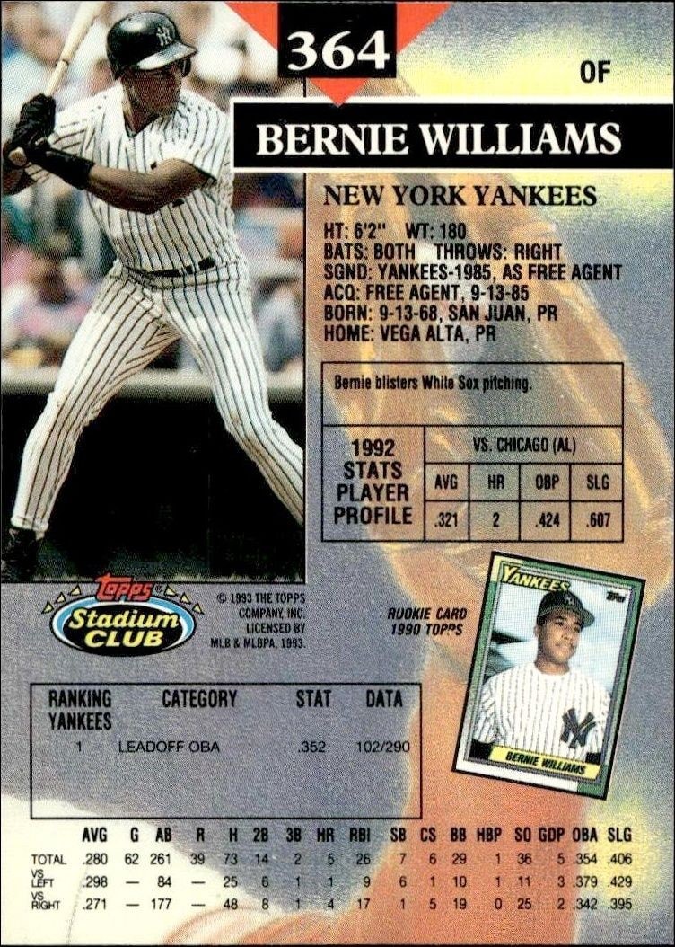 1993 Topps Stadium Club Bernie Williams #364 baseball trading card back