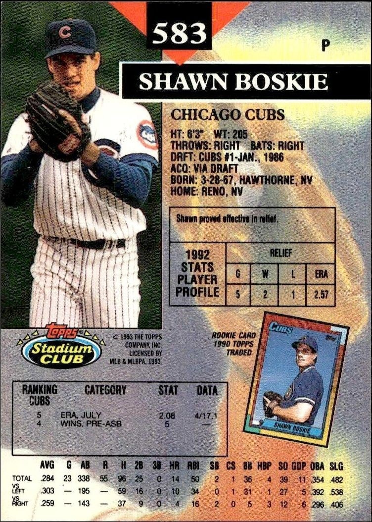 1993 Topps Stadium Club Shawn Boskie #583 baseball trading card back