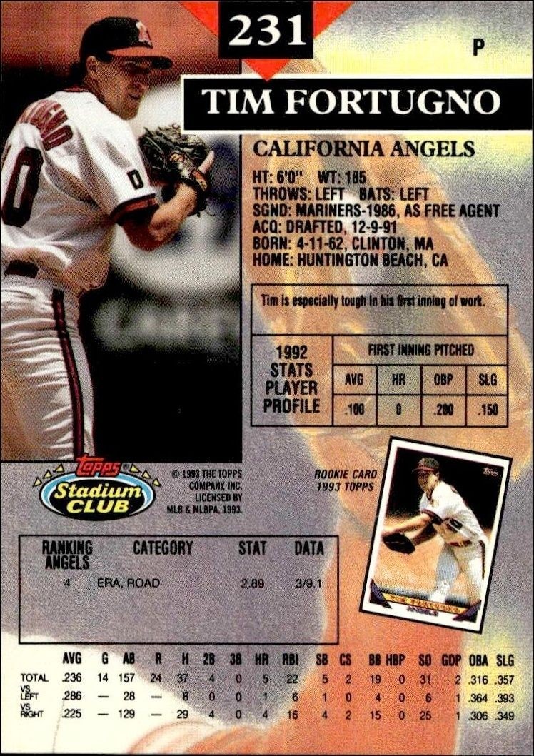 1993 Topps Stadium Club Tim Fortugno #231 baseball trading card back